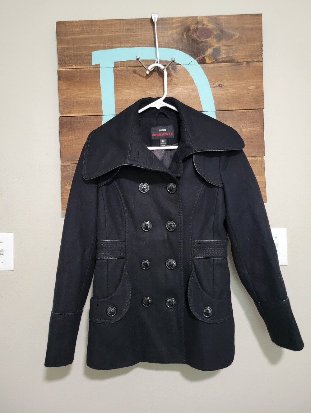 Y2k Miss Sixty Black Double-Breasted Wool Blend Timeless Peacoat Small
